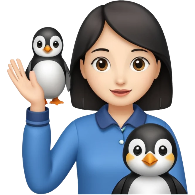 Girl waving hello while holding a penguin emoji