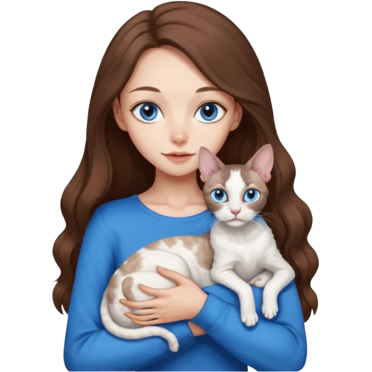 beautiful skinny girl with long brown hair and blue eyes in dark long sleeve is holding a devon rex white cat with blue eyes. the colors of cat’s and girl’s eyes are the same.  emoji