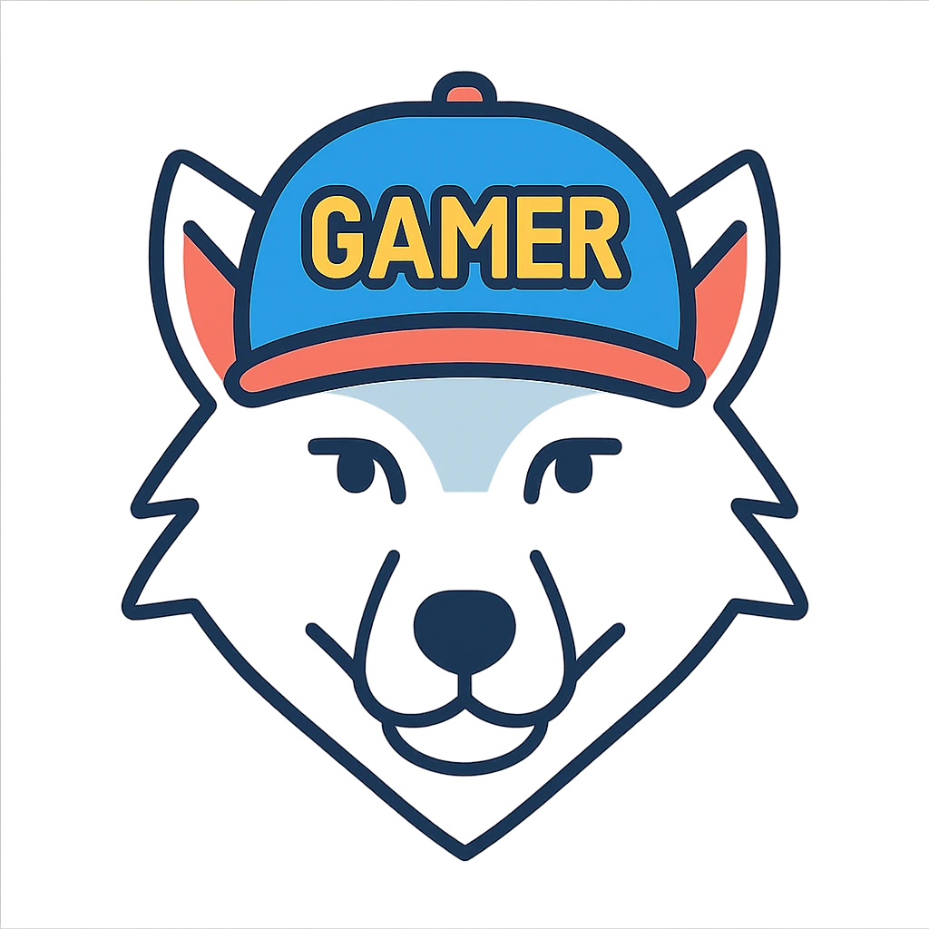 modern icon of a white wolf in a gamer hat, clear silhouette, minimal details emoji