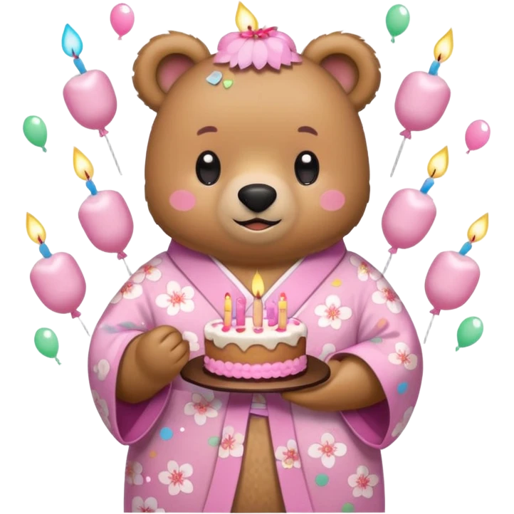 A cute light-brown bear wearing a pastel pink sakura-patterned kimono, normal balanced body ratio.  
Holding a small birthday cake with candles, smiling brightly with confetti and spark effects around.  
Kawaii emoji style, minimalistic clean sticker illustration, white background. emoji