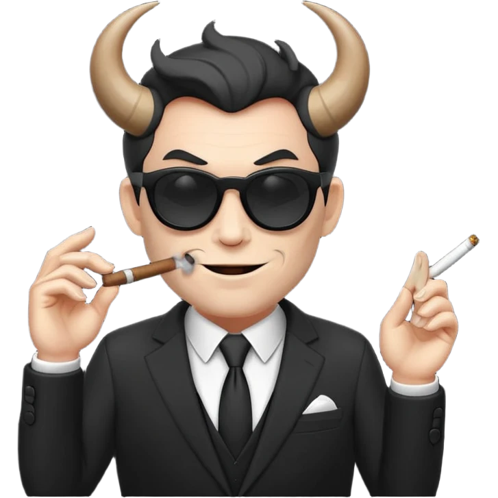 Minimalist emoji-style sticker of a devilish producer in black suit, tiny horns, dark sunglasses, and a smoking cigar, grayscale tones, matte style emoji