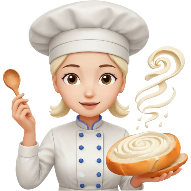 Young female baker - white chef hat, squeezing white cream pattern on bread emoji