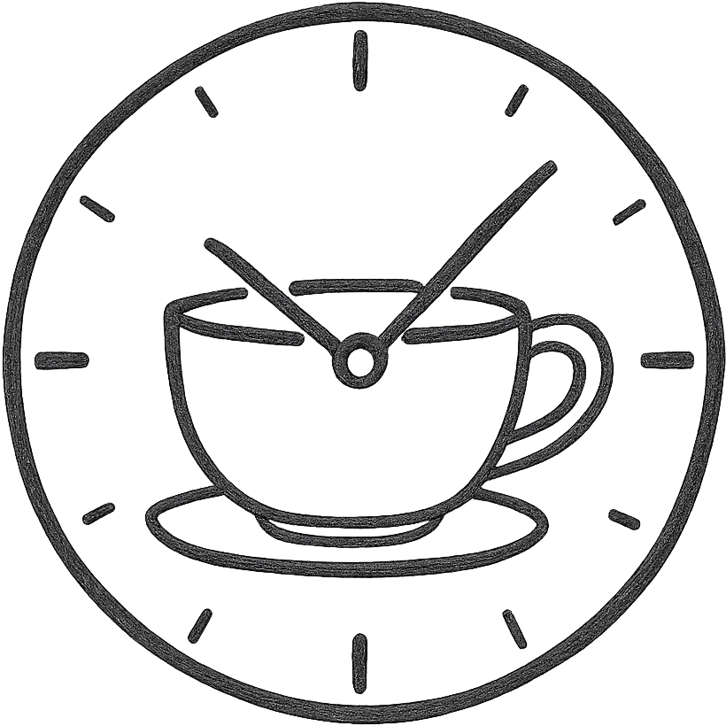 hand-drawn sketch of a clock with a tea cup as the face, black and white, textured lines emoji