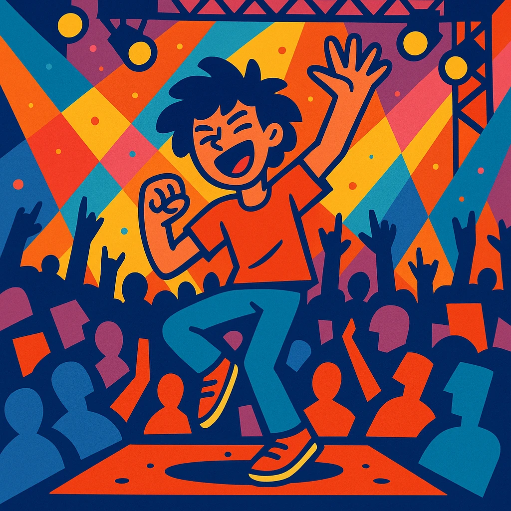person dancing energetically at a concert, vibrant colors, expressive movement, crowd and stage lights emoji