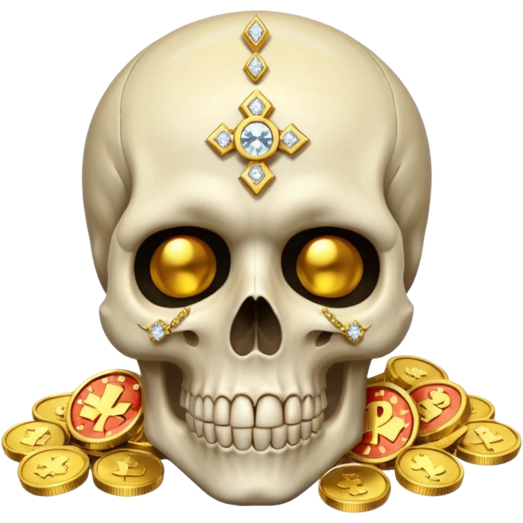Skull head with gold coins and diamonds emoji