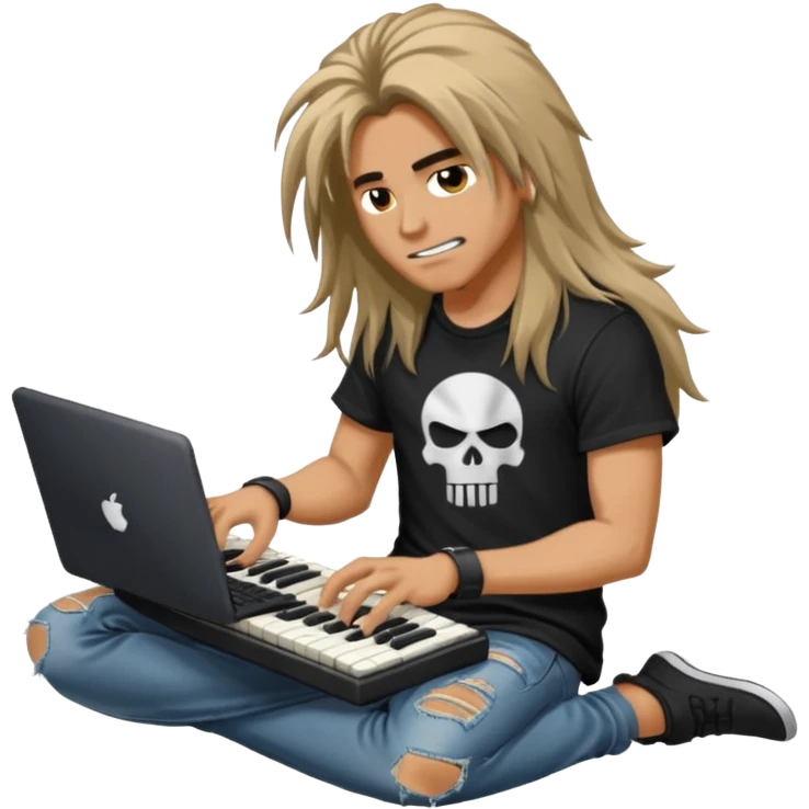 A long haired keyboardist headbanging, the keyboardist is rebellious in their clothing style. emoji