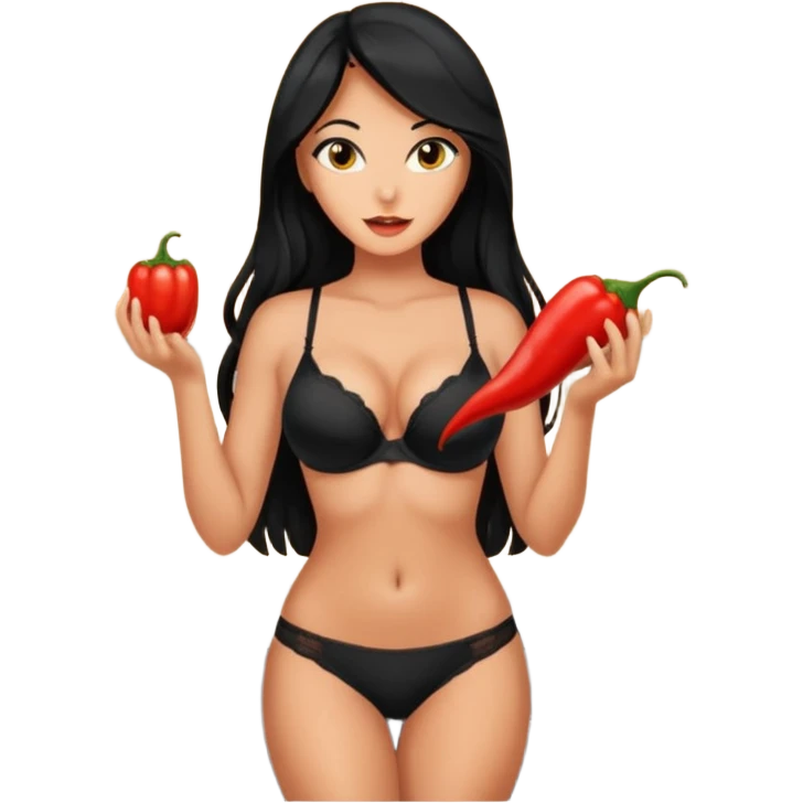 cooking, black long hair tanned woman, black bra and panties, spicy food, in kitchen emoji