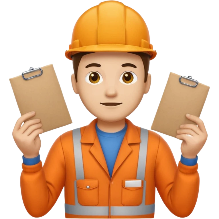emoji style railway engineer full body in orange overalls, carrying one piece of paper with both hands in front of him emoji