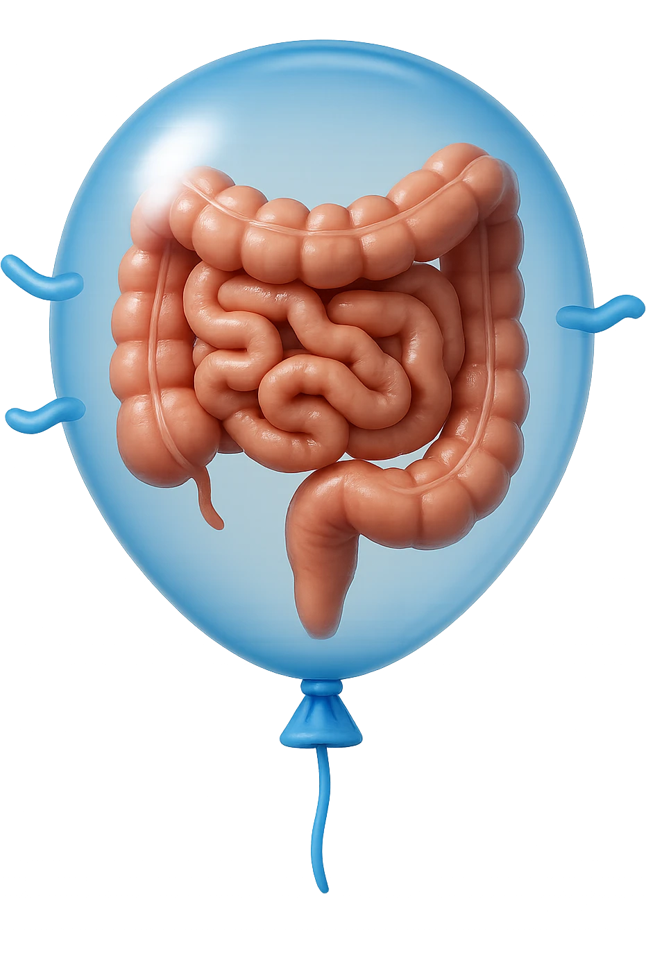 EMOJI STILE IPHONE 3D DI UN INTESTINO CHIUSO IN UN PALLONCINO CHE SIMBOLEGGIA GONFIORE, IPERREALISTICA 4K emoji