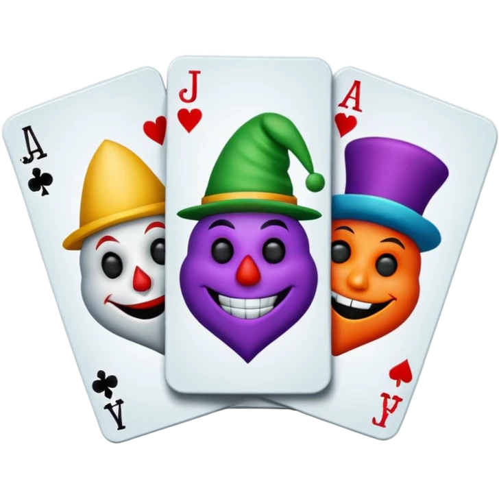 bunch of 3 poker cards, with crazy colorful human jolly jokers inside, inversed face emoji