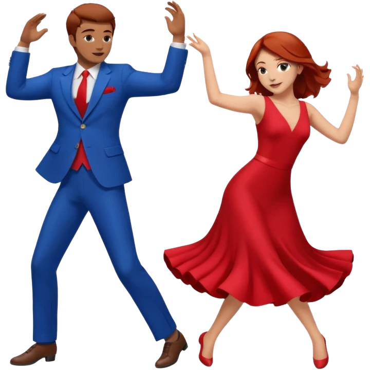 Two people dancing one wearing red and one wearing blue. Brown hair and red hair emoji