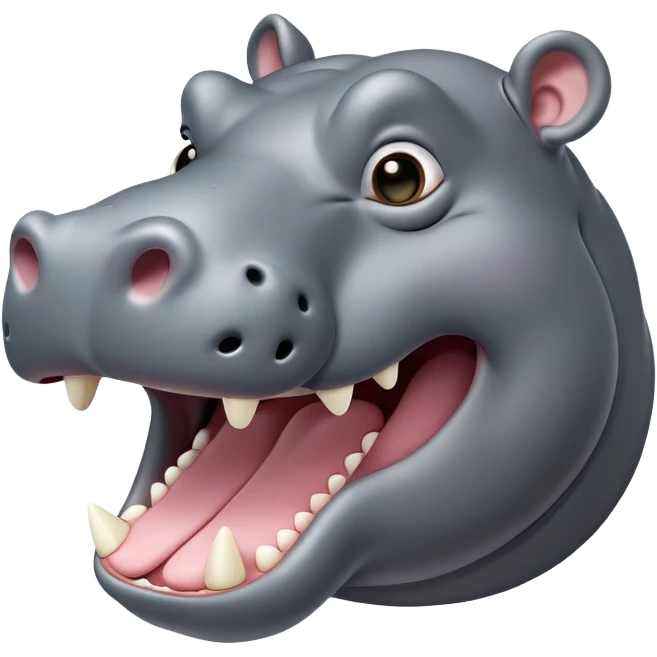 cinematic-noble-yawning hippo-portrait-emoji,-poised-and-regal,-with-a-massive,-robust-build-and-a-smooth,-sleek-slate-gray-hide,-deep-set-soulful-eyes,-simplified-yet-sharp-and-sophisticated-features,-highly-detailed,-glowing-with-a-soft radiance, mouth open wide exposing teeth emoji