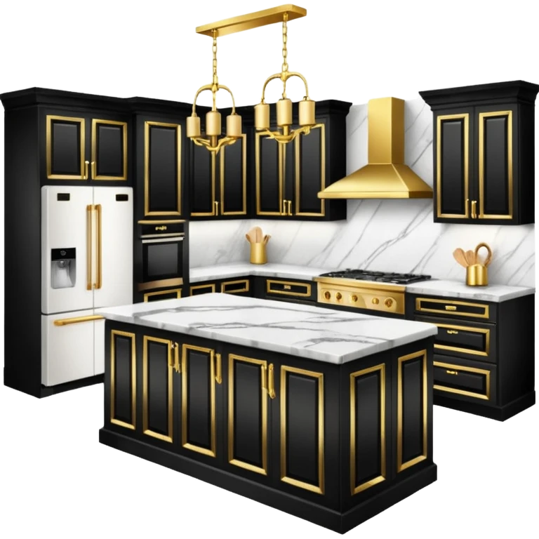 Luxurious black marble kitchen with gold and white accents  emoji