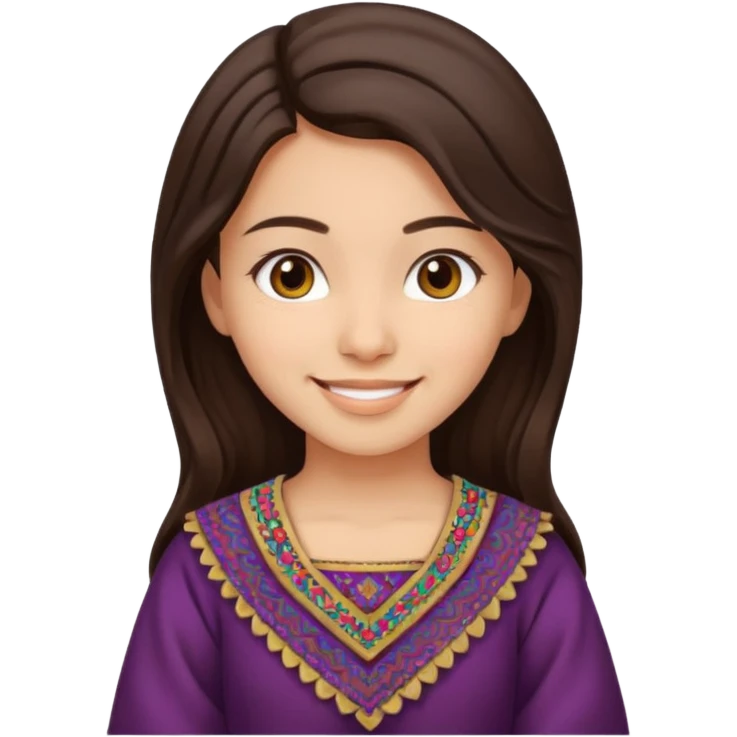girl with dark brown hair, Afghan dress, minimal details, happy emoji emoji