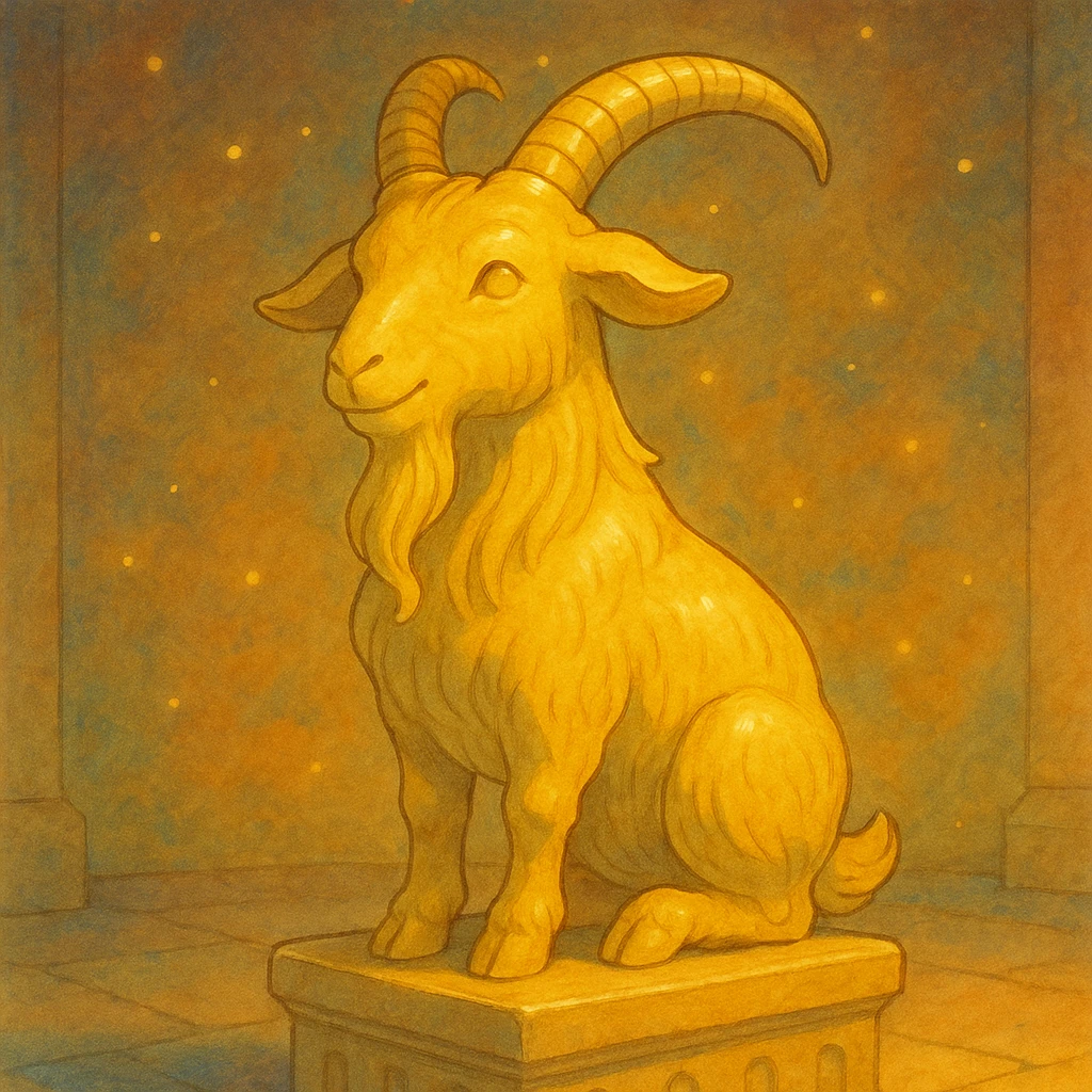 golden goat statue, warm lighting, ghibli style emoji