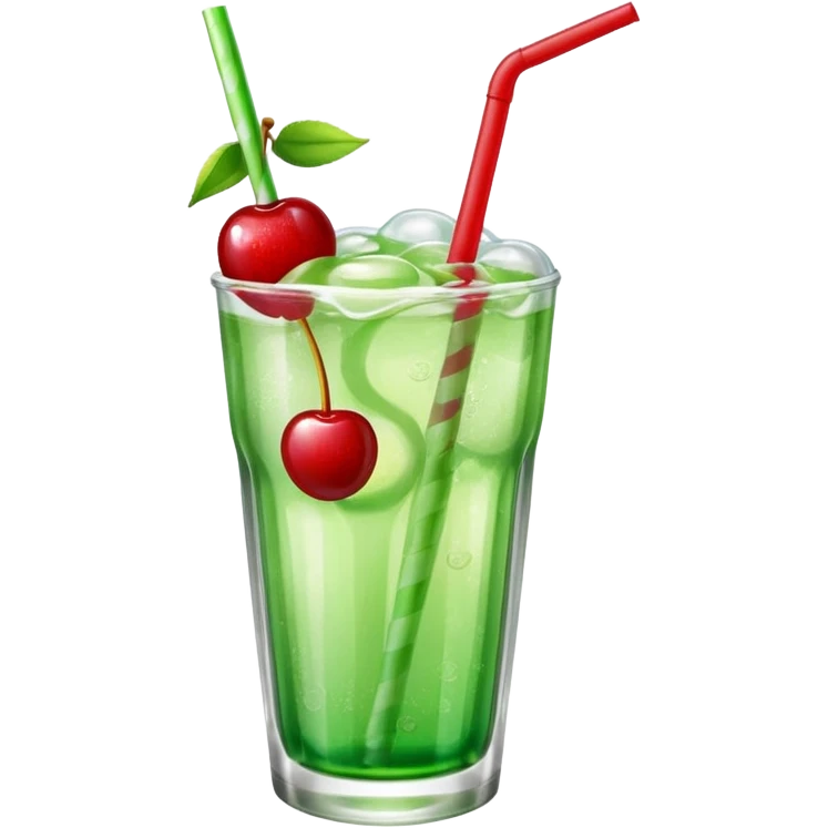 Create an emoji with a clear rounded glass, bright transparent green soda with fine bubbles, a smooth vanilla scoop, a glossy red cherry, and a red straw, using vibrant colors, soft shading, and clear glass highlights.
 emoji