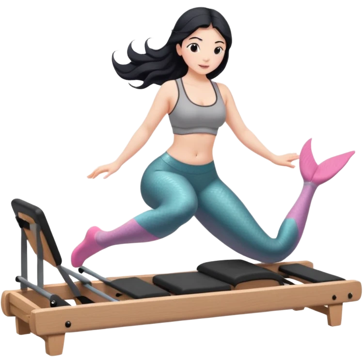 Create a Pilates emoji: a girl with fair skin and black hair, wearing a grey bra and grey leggings with pink pilates socks, doing  mermaid on a wooden reformer. Make it look at the reformer. Make the colors neutrals. emoji