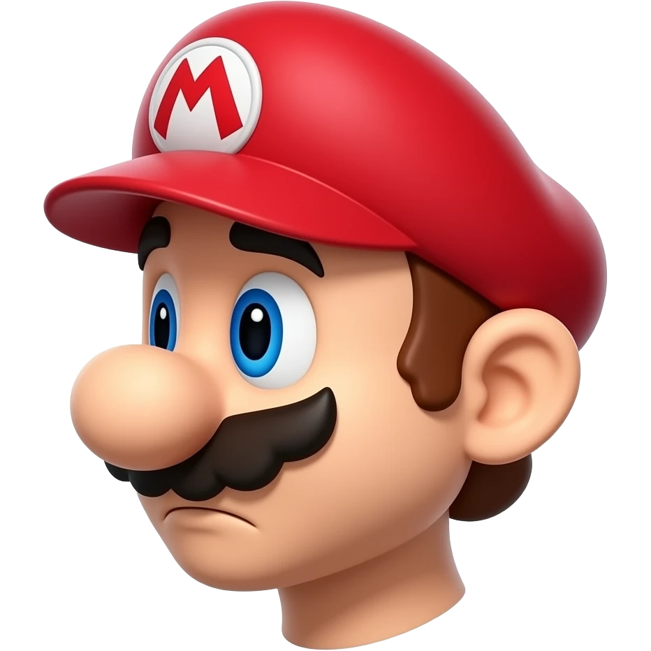 Super Mario from an extreme side angle with a melancholic expression, glossy 3D emoji character, soft studio background emoji