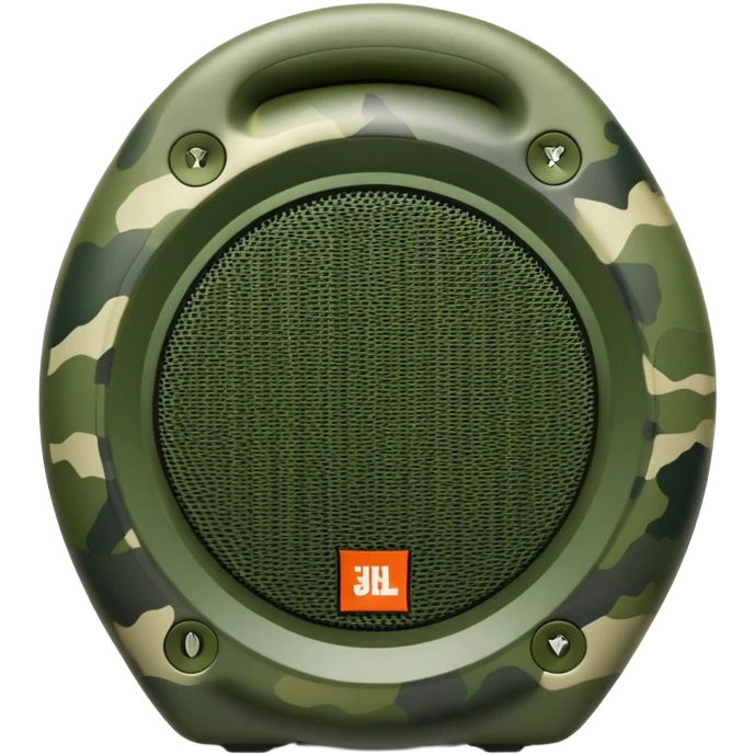 Minimalist JBL Clip 4 speaker with classic green army camouflage pattern, iOS emoji style emoji