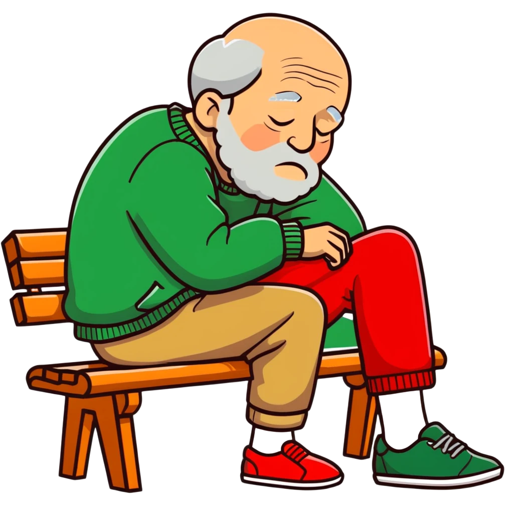 Old Man sleeping sideways on bench in green sweater, light brown shorts, and grey shoes emoji