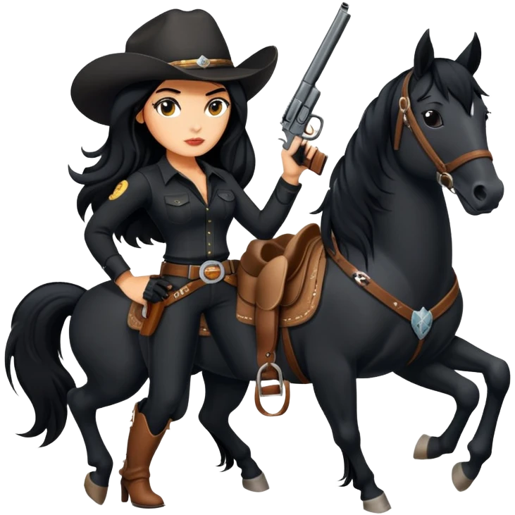 confident hot tanned woman with long black hair cowgirl style wearing black outfit with gun and horse emoji