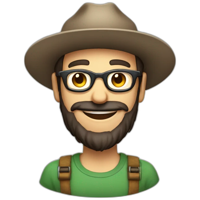 happy smile gardener face long dark beard and very short dark hair round glasses brown eyes and a hat emoji