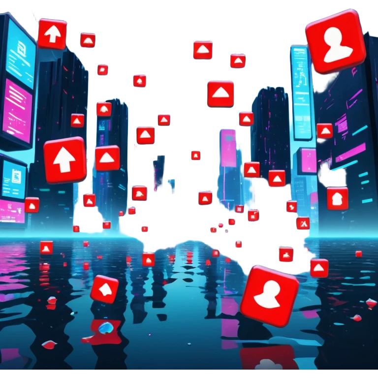 Virtual metaverse grid being flooded with digital waste: floating junk files, corrupted avatars, error signs blinking everywhere, neon red alert signals, sky of code raining down trash, holograms malfunctioning, futuristic city backdrop crumbling,  emoji