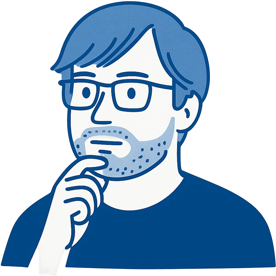 A thoughtful man with rectangular glasses, messy longer hair with side-swept bangs, a round-shaped face but not chubby, a slightly wider nose, and a neat short beard. All line work in blue tones instead of black. emoji