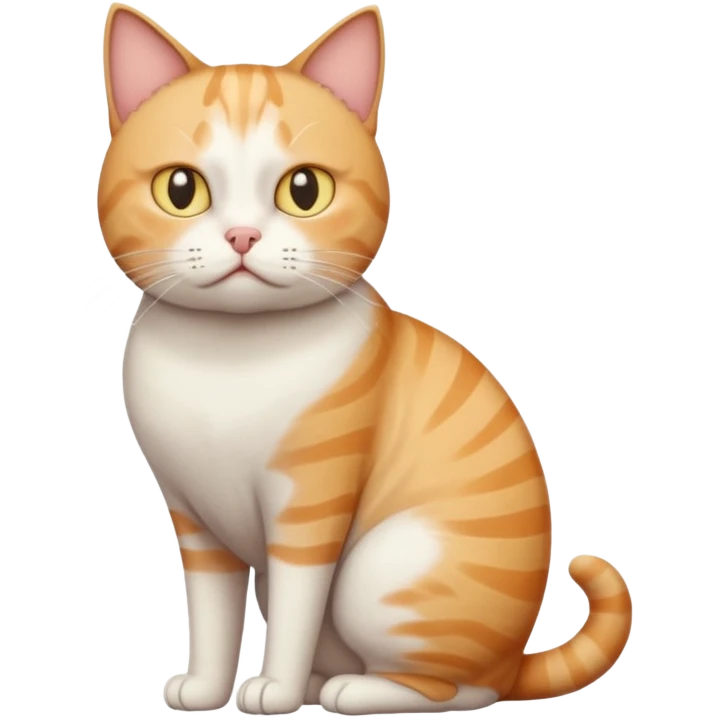 full body white, ginger and tabby cat with skinny head and fat body with an anxious face emoji