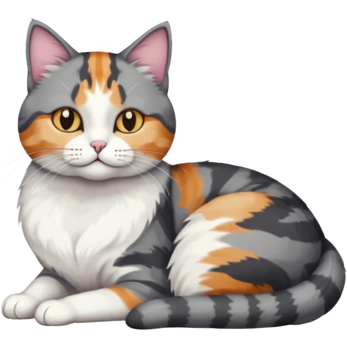 full body colourful light patched calico + white tabby cat cuddling a bigger cat that is dark grey and white tabby cat  and they are in love emoji