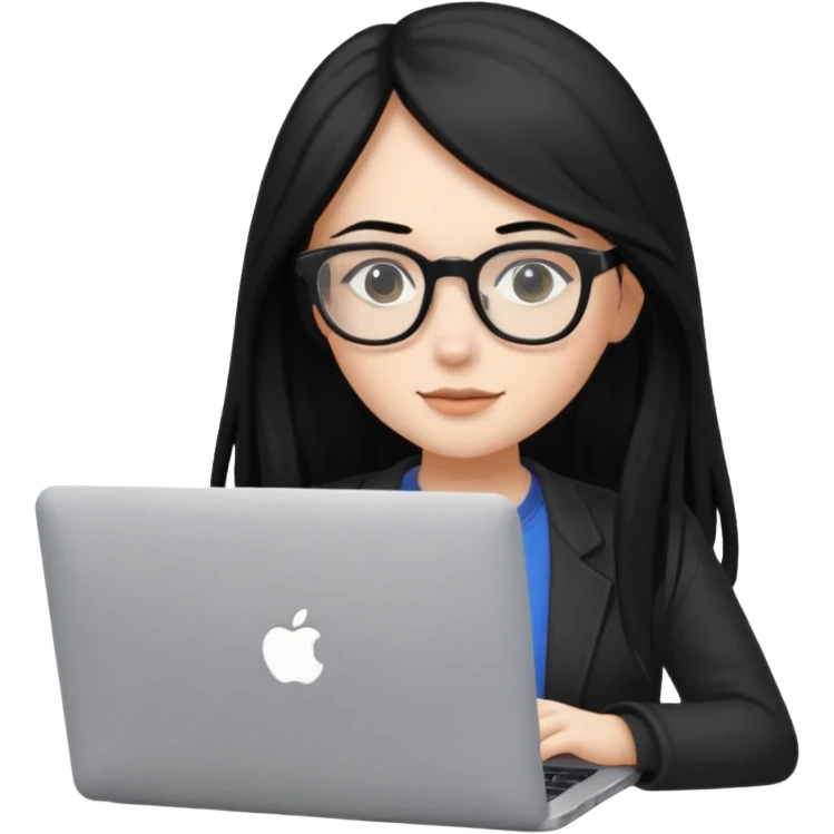 female student with black long hair working on a macbook laptop. emoji