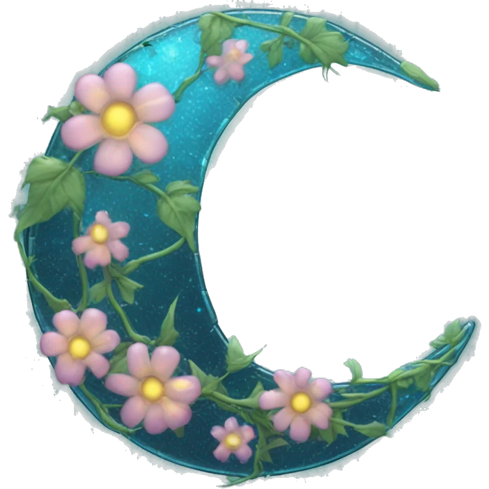 A translucent crescent moon made of cracked glass, with vines of bioluminescent flowers wrapping around it.

 emoji