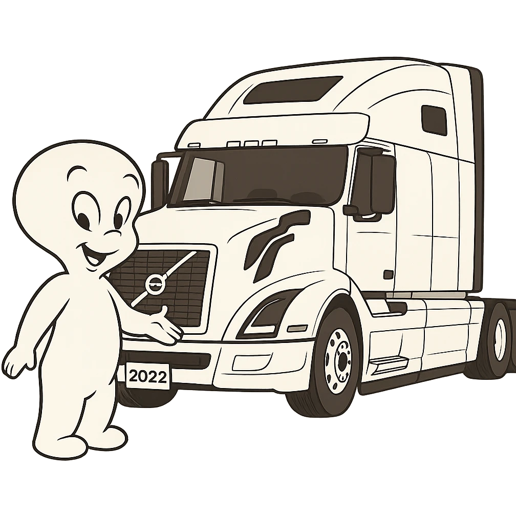 Remove the background, keep Casper the friendly ghost and the white semi truck in cartoon style, with transparent background. emoji