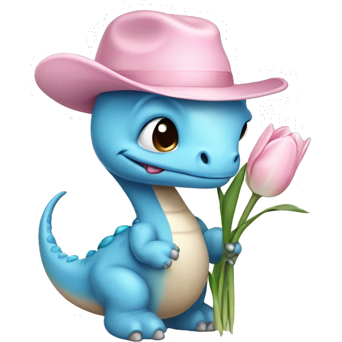 baby blue dinosaur holding white tulips with a small light brown hat on and a pink bow on his neck  emoji
