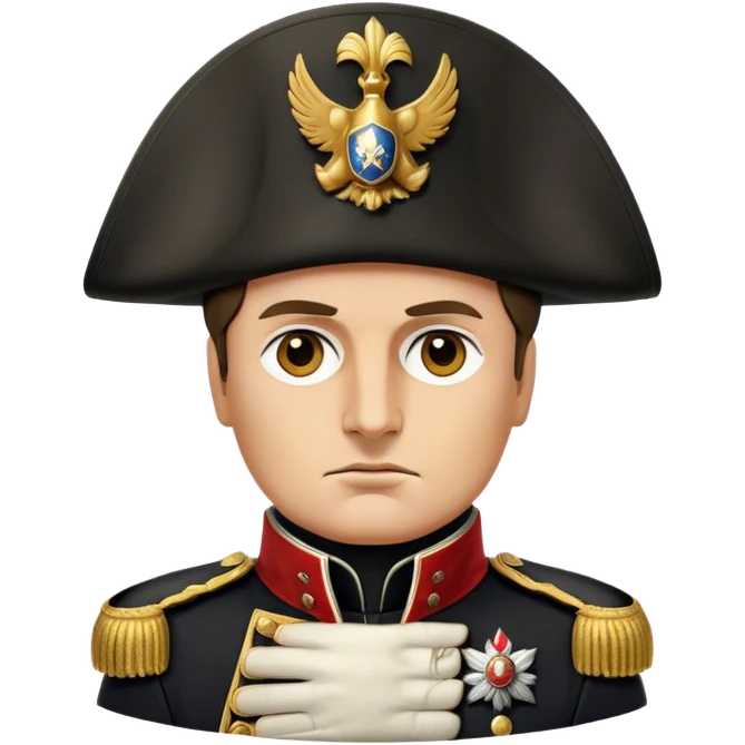 Cinematic Realistic Napoleon Bonaparte Portrait Emoji, depicted as a commanding military leader with a determined gaze and iconic bicorne hat, rendered with dramatic textures and bold historical lighting that captures his imperial legacy. emoji