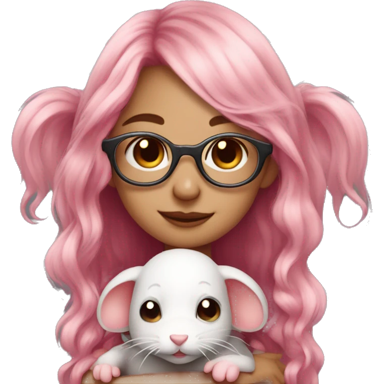 cute girl wearing glasses with long wavy pink hair hugging a rat emoji