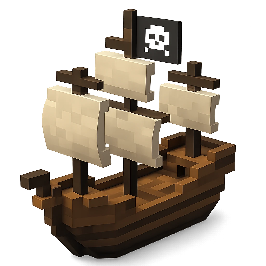 A pirate ship with sails and a jolly roger flag, geometric minimalist 3D design emoji