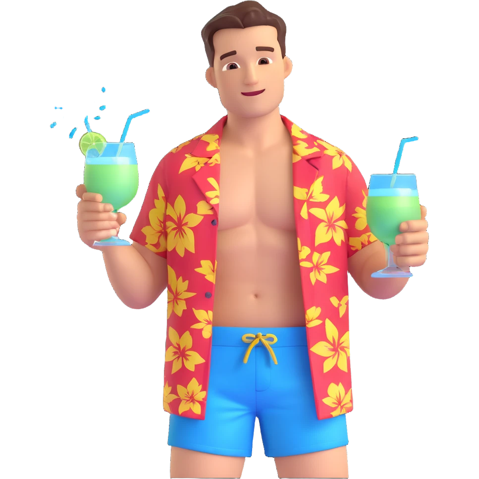 human male Unbuttoned Hawaiian shirt, swim trunks, shaking a cocktail shaker (sparks flying) emoji