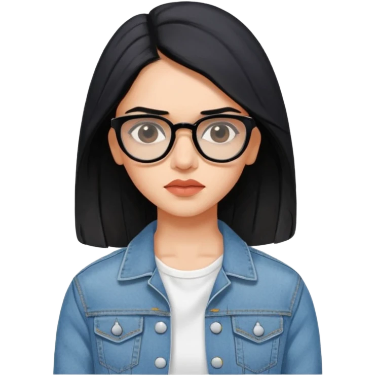 generate a pretty bratz emoji 
Make her wear a white dress with a denim jacket over it. black hair side part 

She should look exactly  like Deepika padukone. wearing tiny rectangular spectacle, looking sad emoji