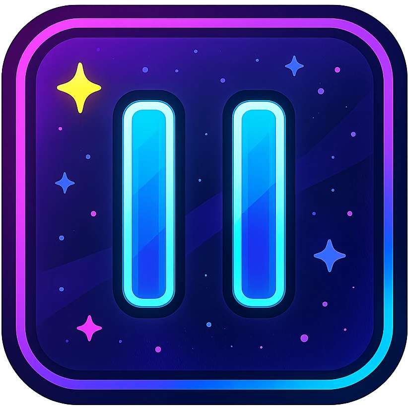 animated pause icon with dark purple, blue, and black base, bright accents, complex gradients, stars, bright neon border, modern clean pause symbol, subtle glowing and moving stars neon effects, sophisticated futuristic style emoji