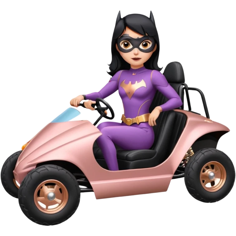 Hot full size real-appearance retro electric racing action BatGirl’s feminine midnight-colored tight outfit sixty’s tv show 1992 stealthy retro sporty safe plush petite off-road pursuit cruiser car rose gold accents (black hair,reclined and relaxed torso seating position) go kart  emoji