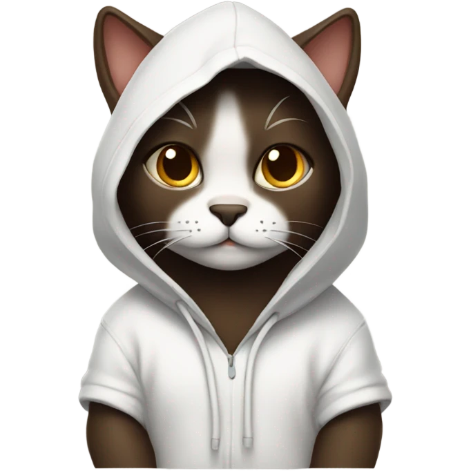 Dark brown cat wearing a white hoodie  emoji