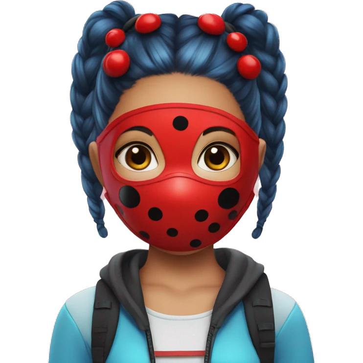 girl with blue pigtails and Ladybug wears a bright red mask with five black spots . emoji
