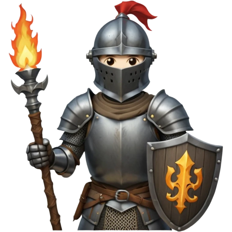 knight holding a short wooden torch in hand wearing darker, realistic iron armor, and a closed very slitted helmet in dark souls style emoji