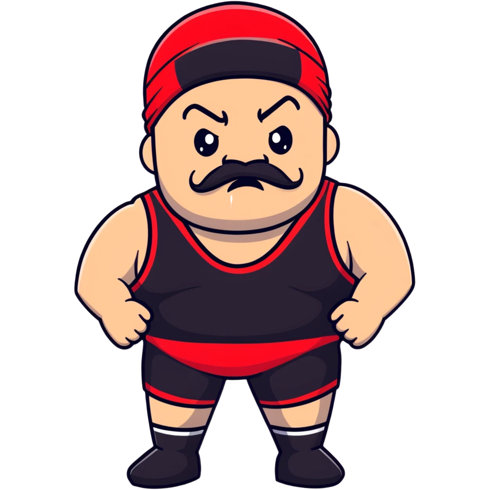 Close-up of very fat white skin guy with young face, beard and mustache, no muscle with prominent black durag, black eyes in a red and black wrestling singlet with angry face emoji