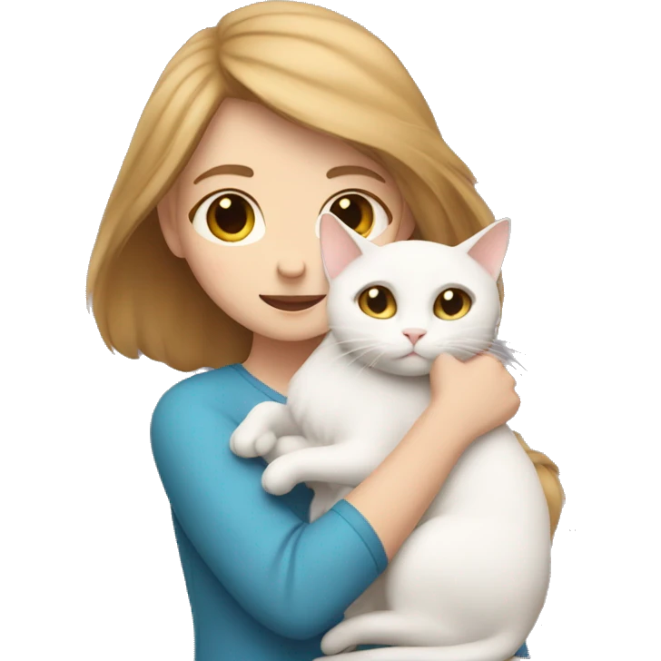 A girl with light brown hair hugs a white cat emoji
