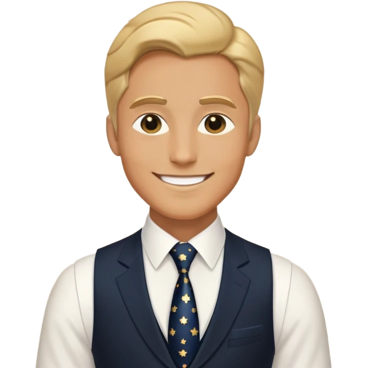 Homem de terno e colete pretos, com gravata azul escuro e estrelinhas pequenas douradas e um sorriso bem sensual e elegante  emoji