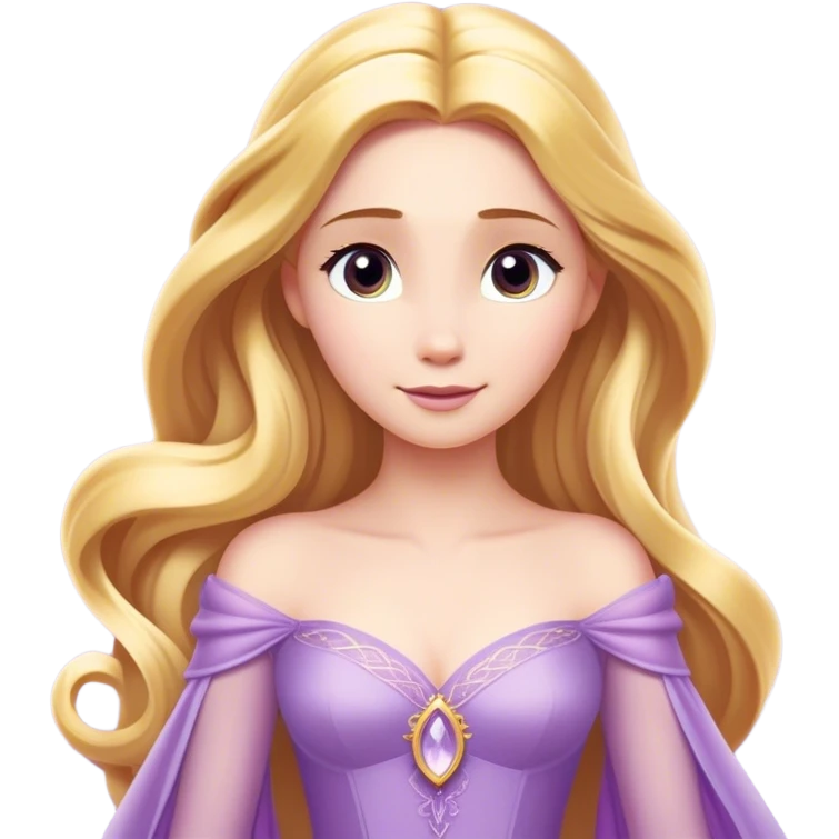Cinematic Elegant Rapunzel Portrait Emoji, rendered in a realistic, vector-style with minimal shading and bold, simplified shapes. Depict Rapunzel (chest and above) with fair, porcelain skin, long, flowing golden hair cascading gracefully, and soft, gentle eyes, wearing her iconic light purple gown. The image glows with a soft, enchanting radiance and high shine, capturing timeless fairy-tale beauty. emoji