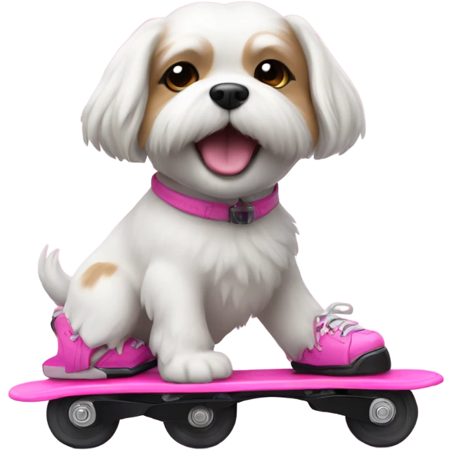 A white shitzu dog riding on a pink rollerblade  emoji