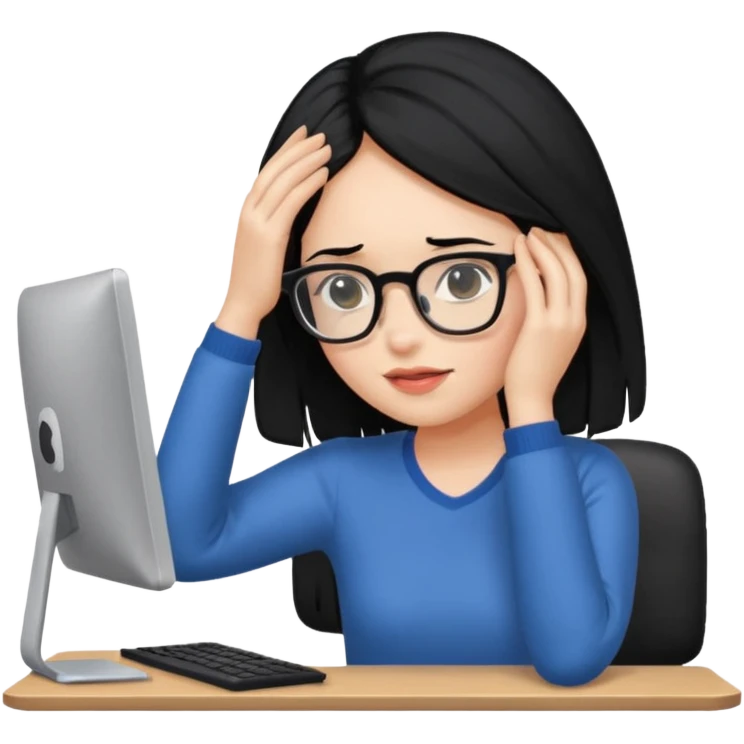 A girl is in front of a computer and is holding her head.The one with black hair emoji